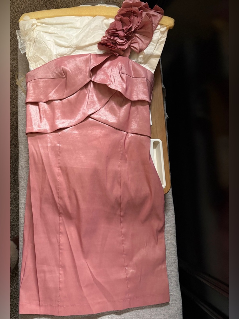 One Shoulder Satin Pink Cocktail Dress w/ Floral Detail Size M